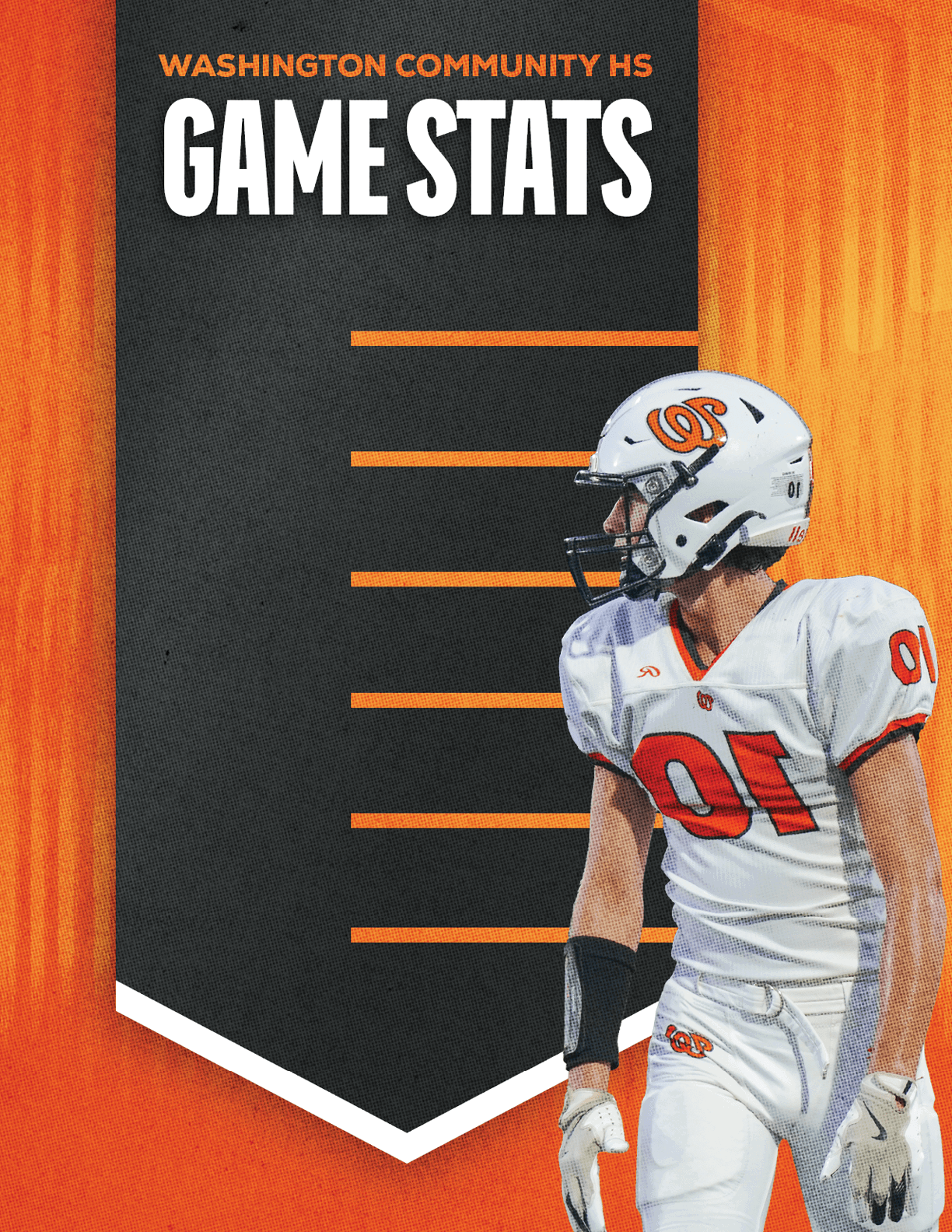 A person in a white football uniform with the number 01 stands next to a black banner with orange text that reads Washington Community HS Game Stats. Description generated by AI