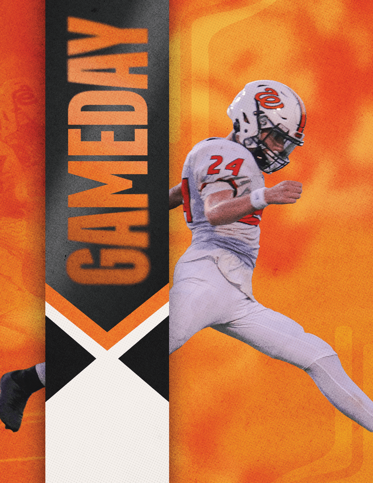 A person in a white football uniform with the number 24 is captured mid-kick against an orange background with a vertical banner reading “GAMEDAY." Description generated by AI