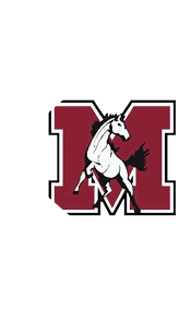 A white horse rearing up is centered in front of a large maroon letter M with a black and white outline. Description generated by AI
