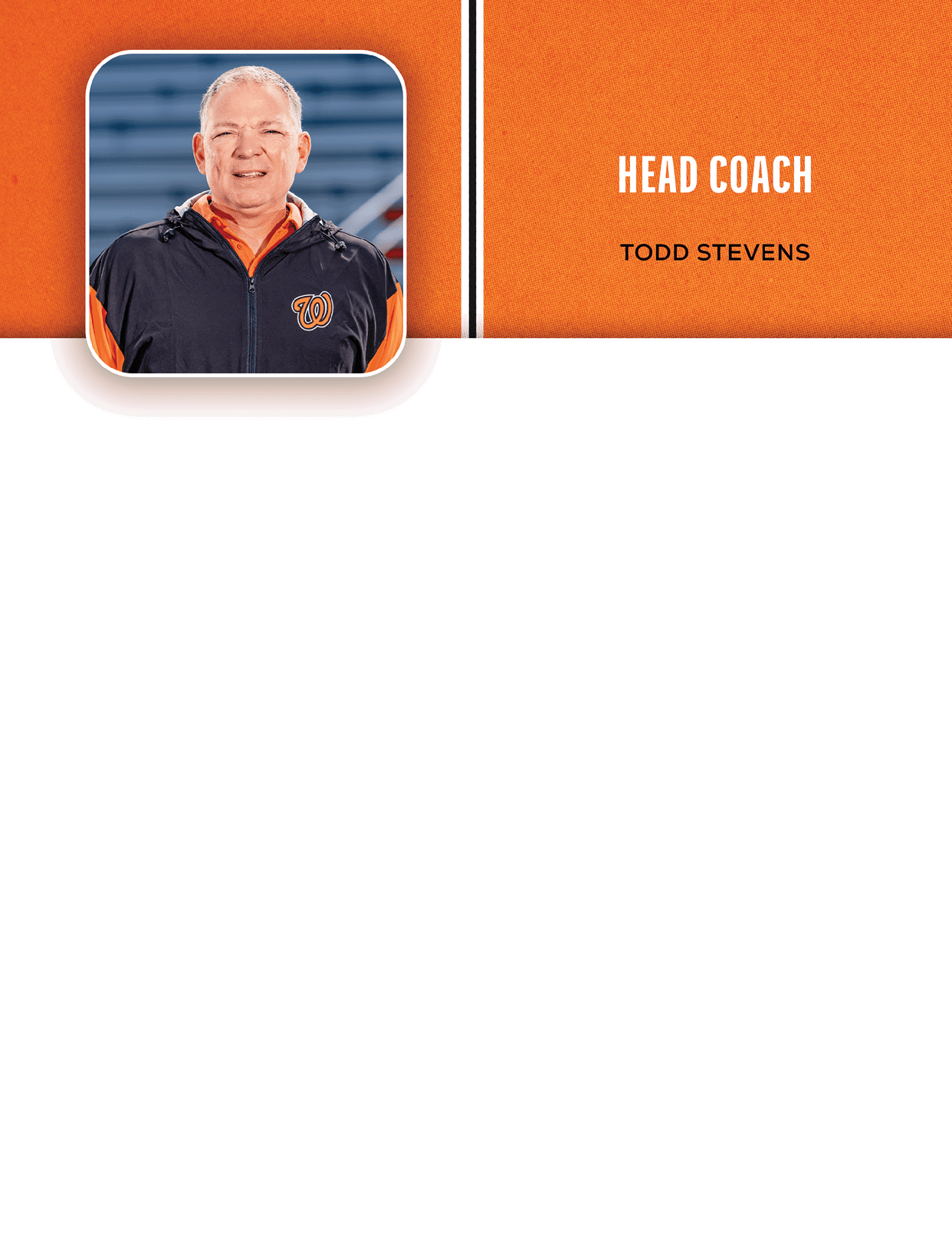 A senior person wearing glasses and a dark jacket with an orange shirt underneath is smiling in front of a blurred stadium background with text identifying them as head coach Todd Stevens. Description generated by AI