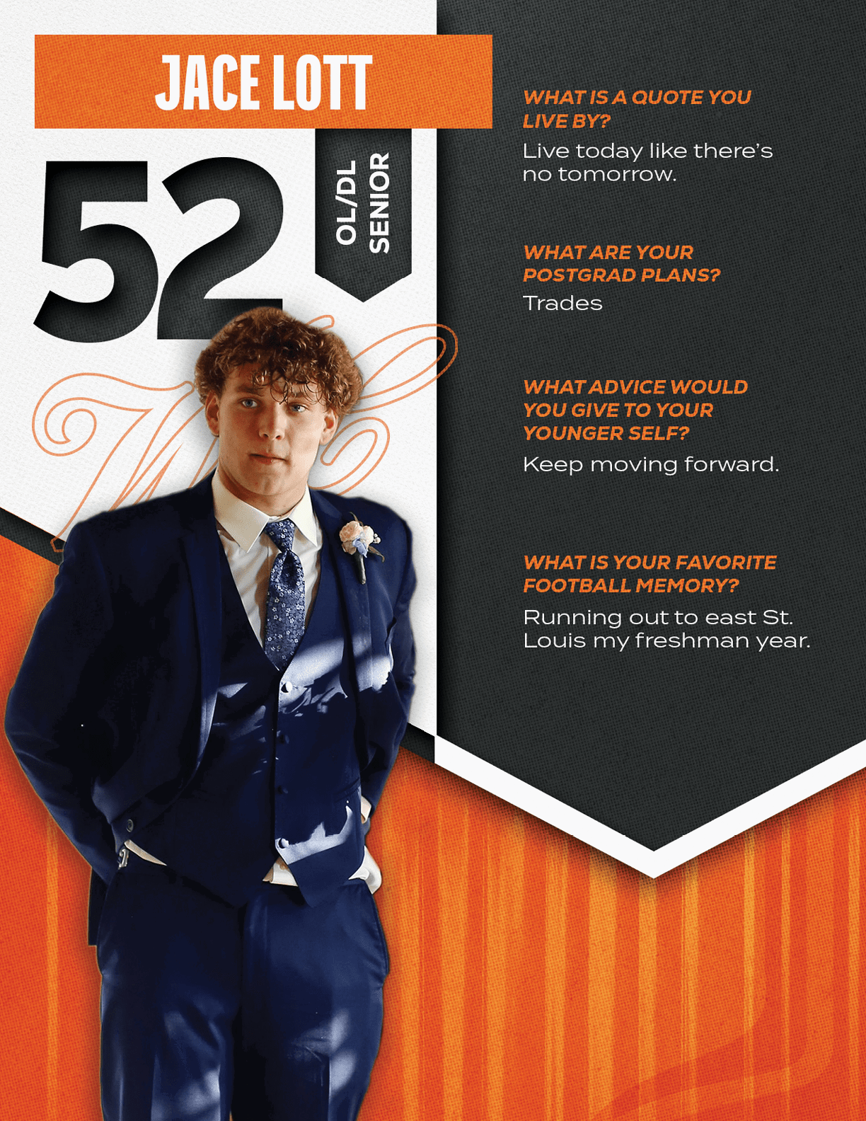 A person in a football uniform holding a football is featured alongside text with their name, number, class year, and answers to questions about a favorite quote, postgrad plans, advice to younger self, and favorite football memory. Description generated by AI