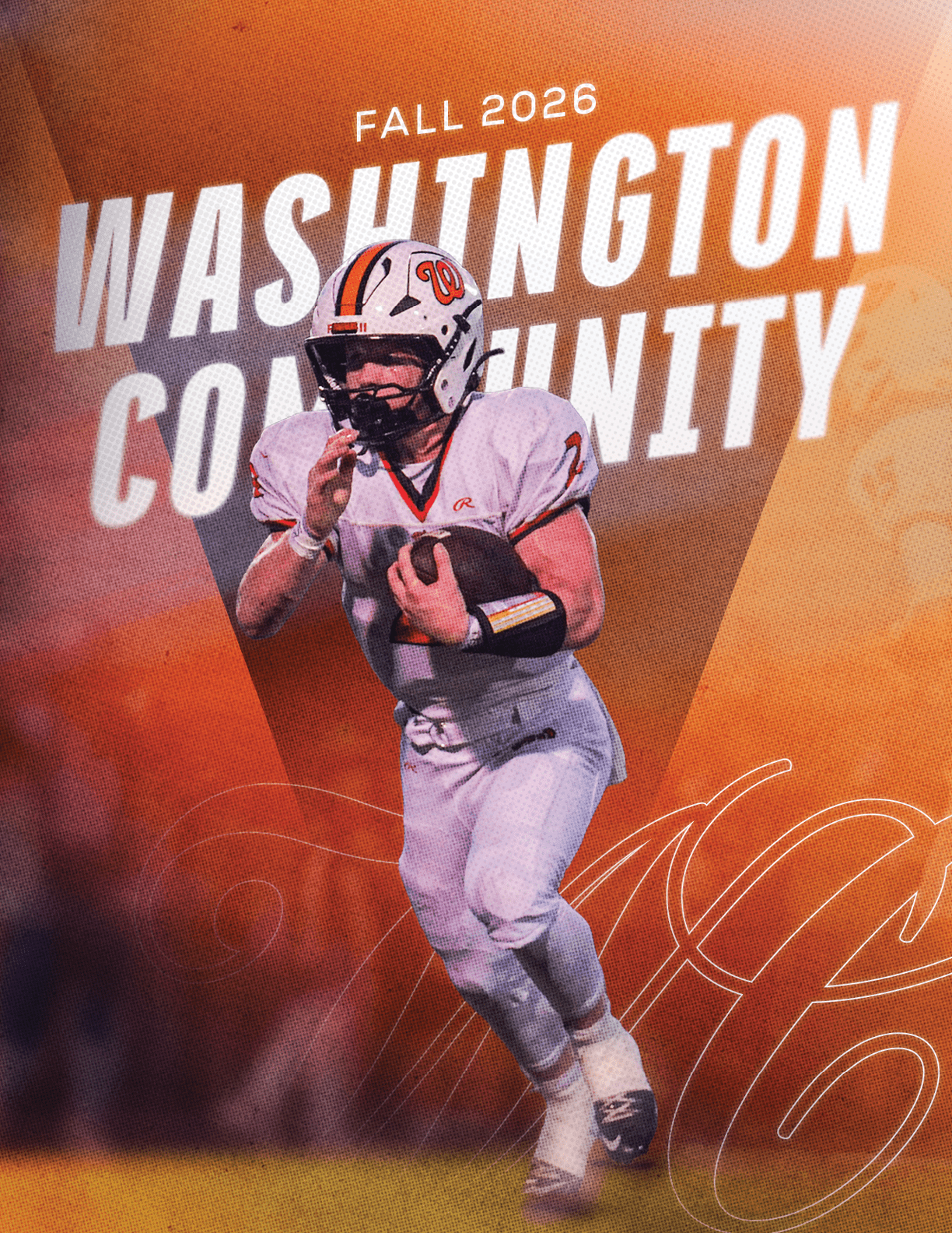 A person wearing a white football uniform with the number 10 and a white helmet with a red “W" logo is looking to the side against an orange background with the text "PANTHERS 2020." Description generated by AI