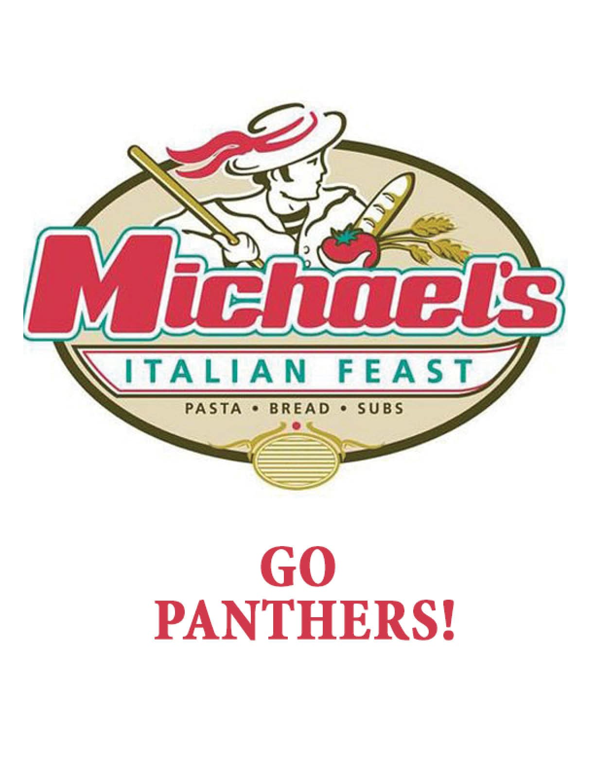 A logo for Michael's Italian Feast featuring a person holding a pizza peel with bread, wheat, and a tomato, accompanied by the text “Go Panthers!" in red below. Description generated by AI