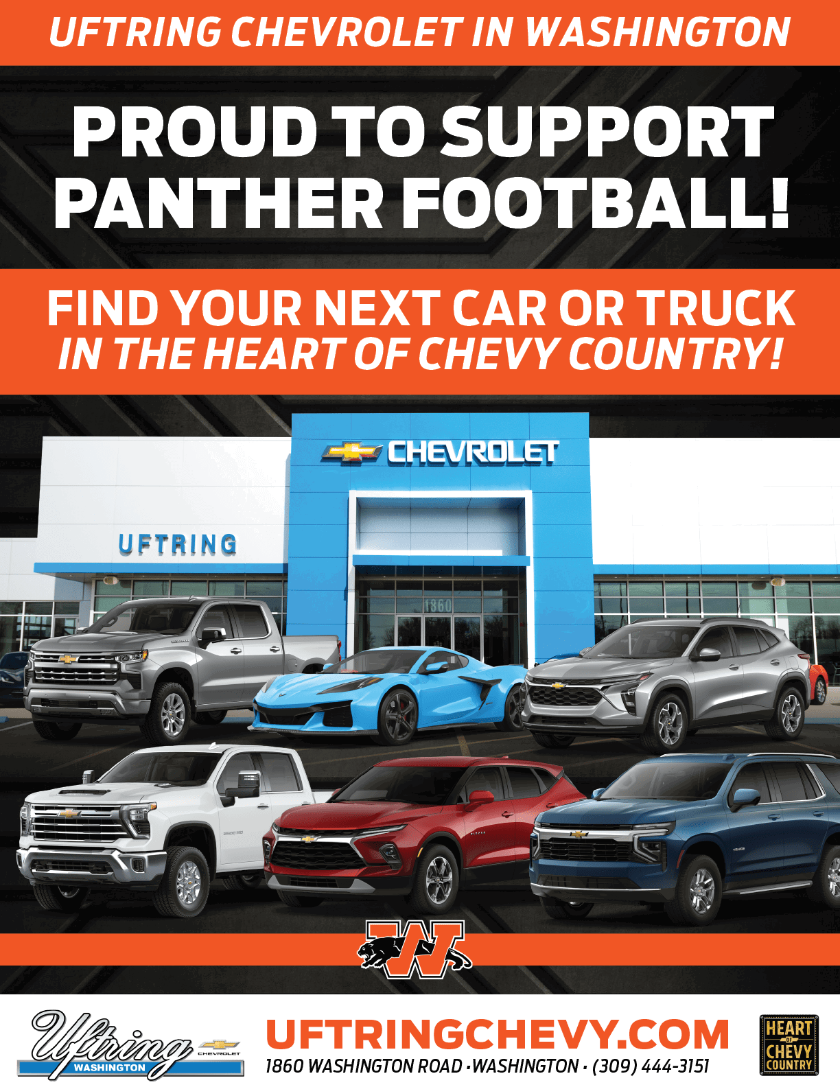 A promotional advertisement for Uftring Chevrolet in Washington featuring six Chevrolet vehicles in front of a dealership with bold text supporting Panther football and encouraging customers to find their next car or truck. Description generated by AI