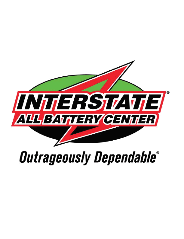 The logo features the words “INTERSTATE ALL BATTERY CENTER" in bold black and red text over a green and black oval background with a red lightning bolt, accompanied by the slogan "Outrageously Dependable" below. Description generated by AI
