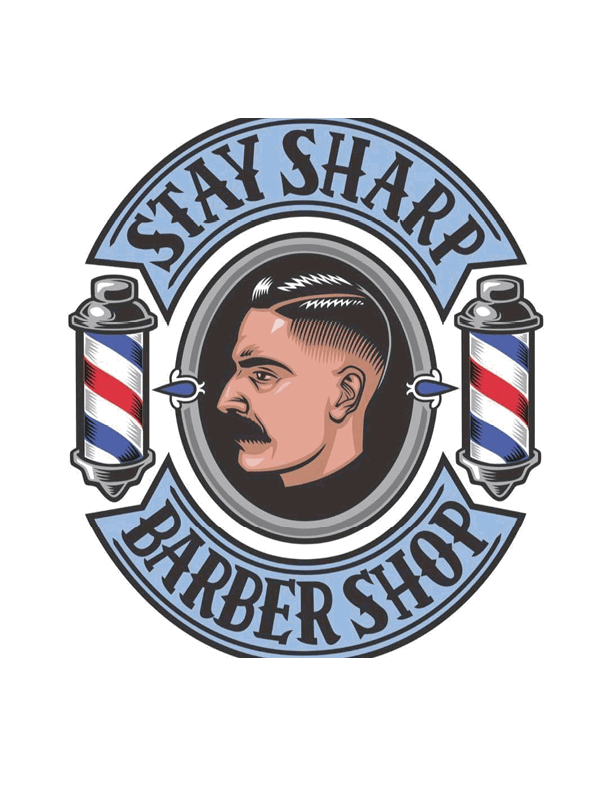 A vintage-style barber shop logo features a side profile of a person with a classic haircut and mustache framed by two traditional barber poles and the text “Stay Sharp Barber Shop" in bold letters. Description generated by AI