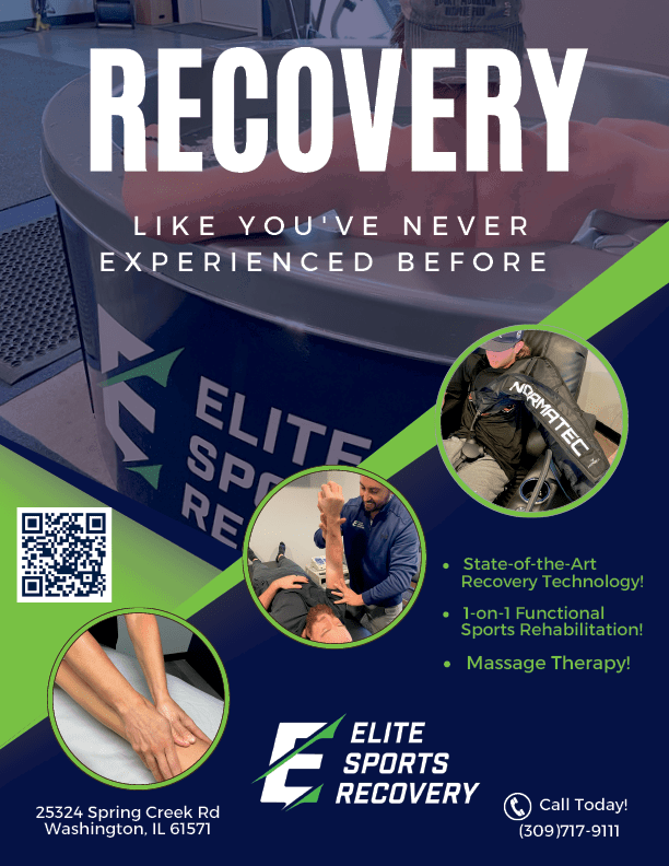 A promotional flyer for Elite Sports Recovery features people receiving sports rehabilitation and massage therapy with text highlighting state-of-the-art recovery technology and contact information. Description generated by AI