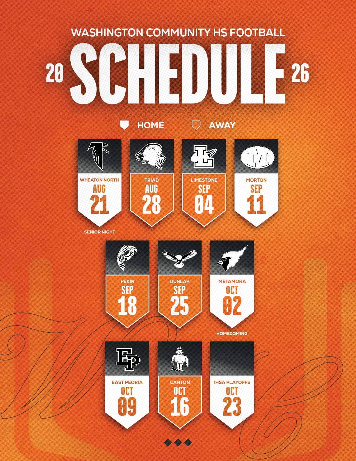 Washington Community High School football schedule for 2026 displayed on an orange textured background with dates and opponents for home and away games. Description generated by AI
