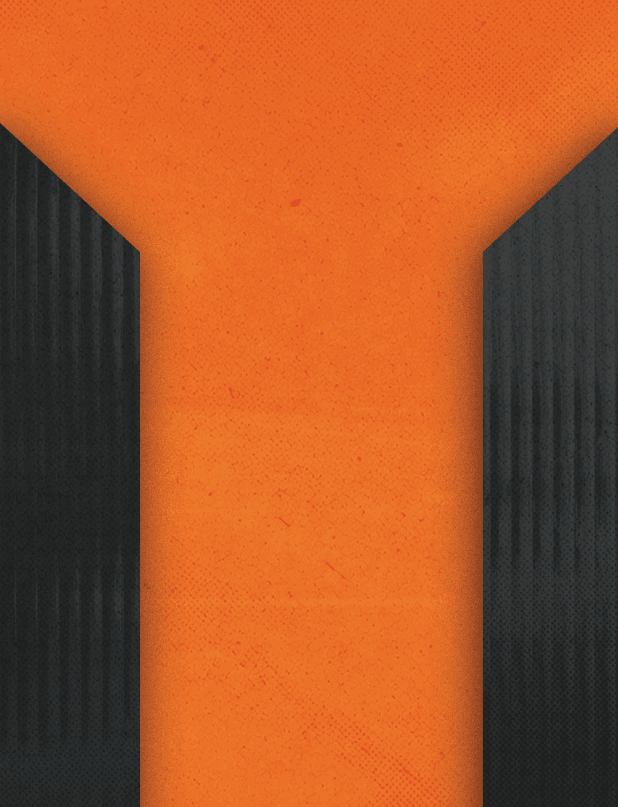 A bold orange Y shape is centered against a dark textured background with vertical lines. Description generated by AI