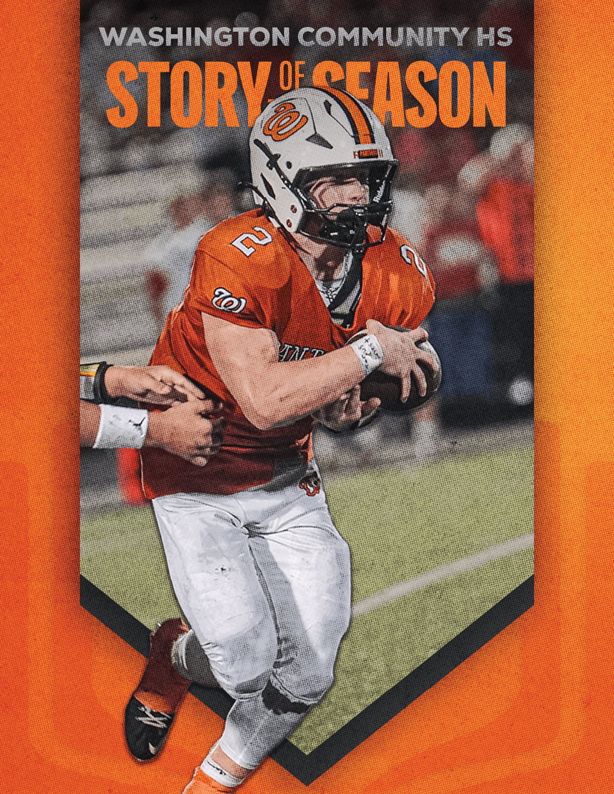 A person wearing an orange and white football uniform is running on a field while holding a football, with text above reading Washington Community HS Story of Season. Description generated by AI