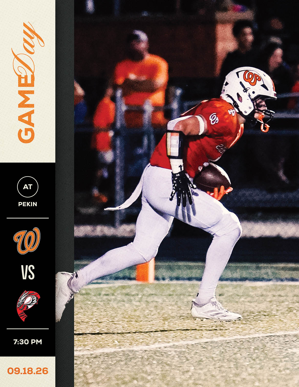 A person in a red football jersey and white pants is running on a football field holding a football during a game between Pekin and Washington scheduled for 7:30 PM on September 18, 2026. Description generated by AI