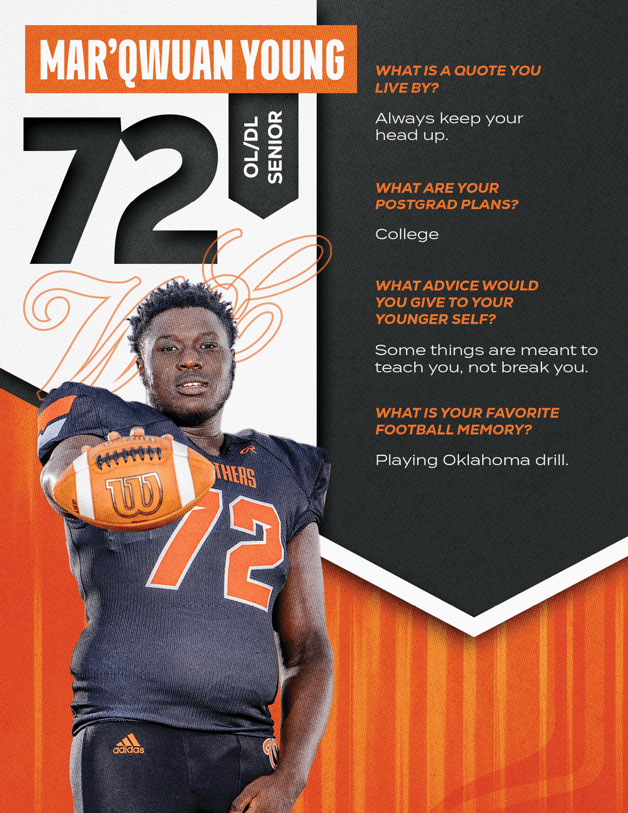 A person wearing a football uniform with the number 72 is holding a football and standing next to text featuring their name, class year, and motivational quotes about life, goals, advice, and football memories. Description generated by AI