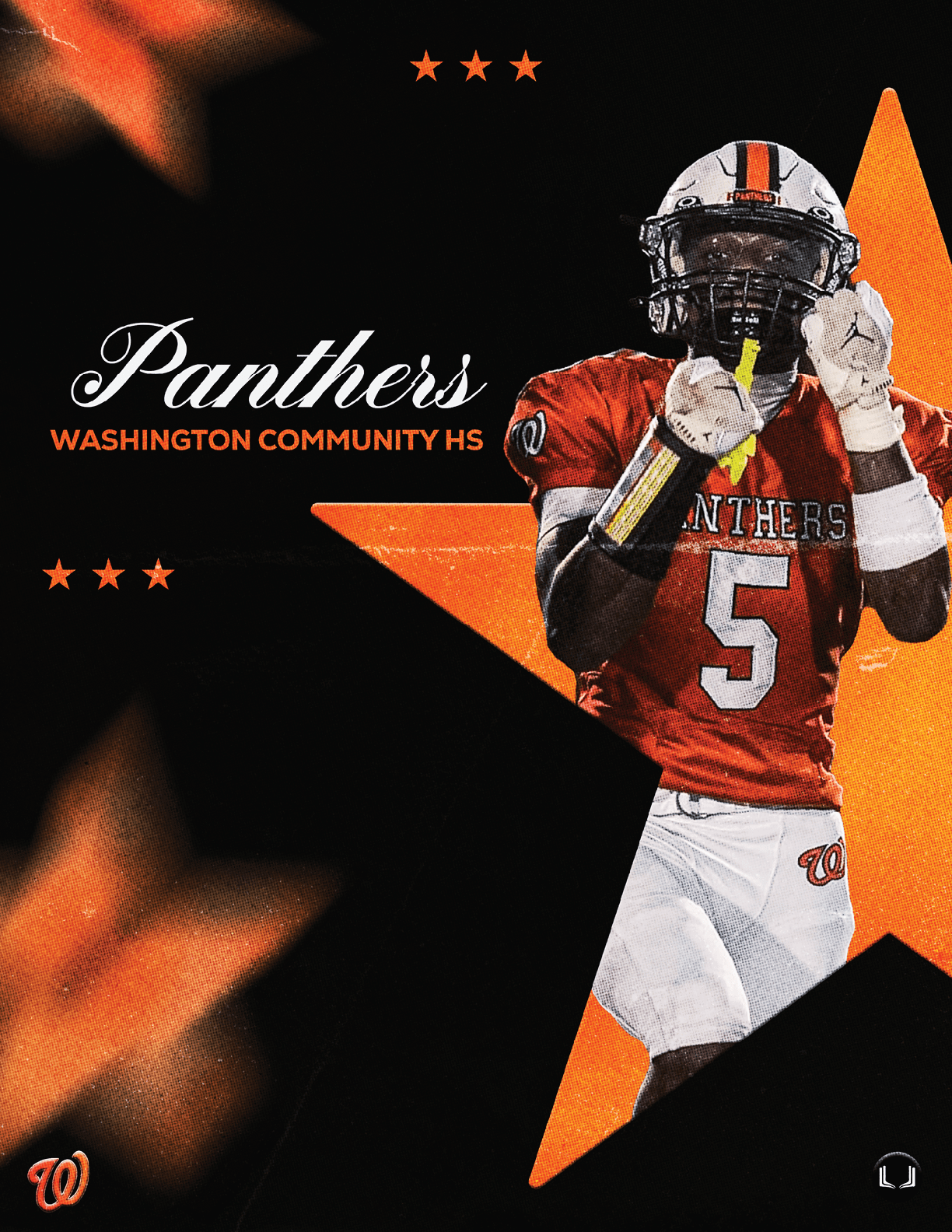 A person in a football uniform with the number 5 is standing in front of a large orange star with the text “Panthers Washington Community HS" on a black background. Description generated by AI