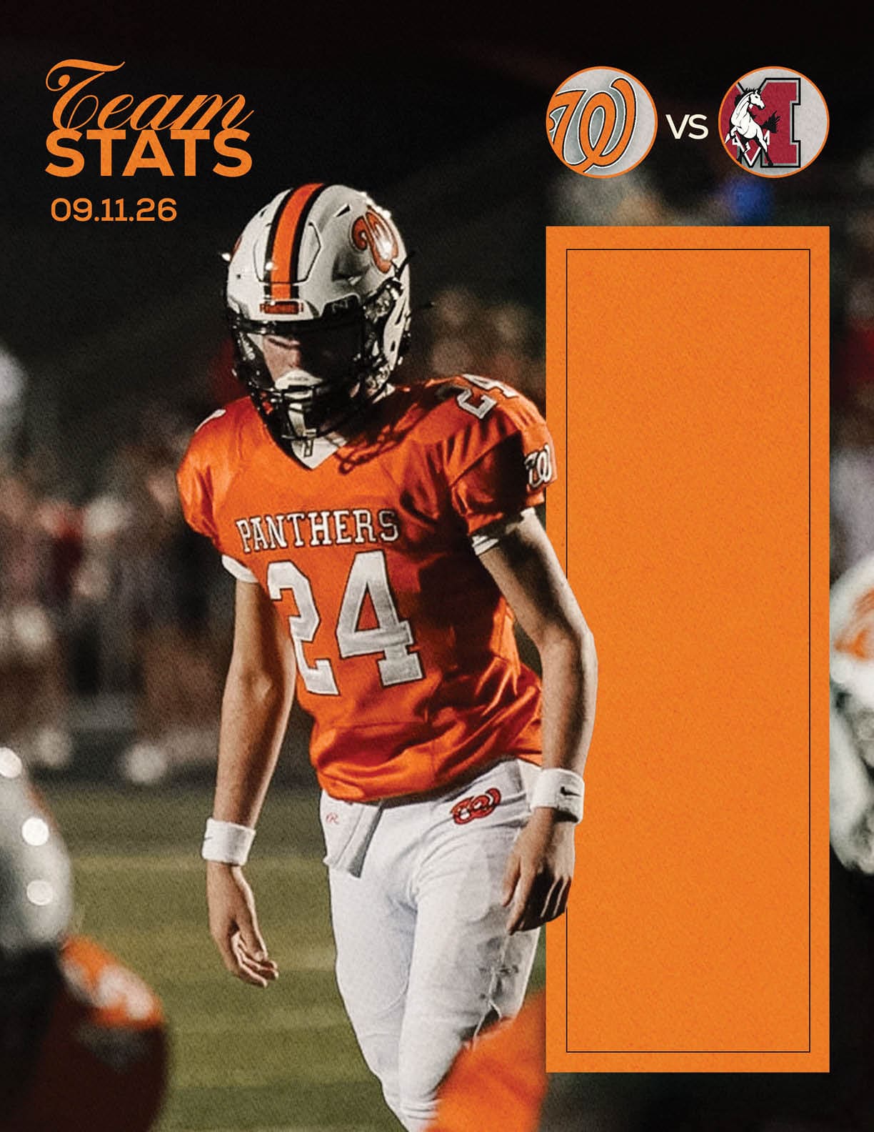 A person wearing an orange football uniform with the number 24 and a helmet stands on a field with blurred spectators in the background, alongside graphic text showing team stats and logos for a game between two teams. Description generated by AI