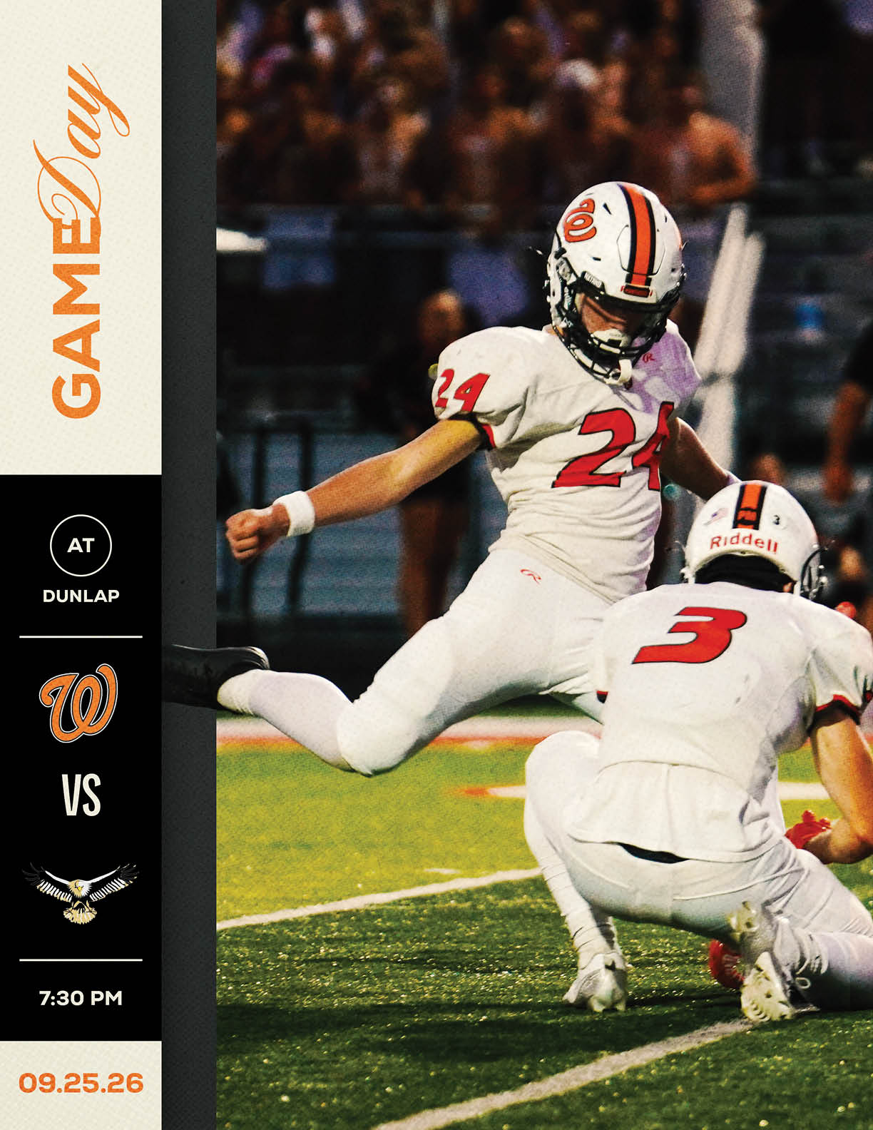 Two people in white football uniforms are on a field with one kicking a ball held by the other, with a graphic on the left side showing a game day announcement for a match between teams represented by a “W" and an eagle logo. Description generated by AI
