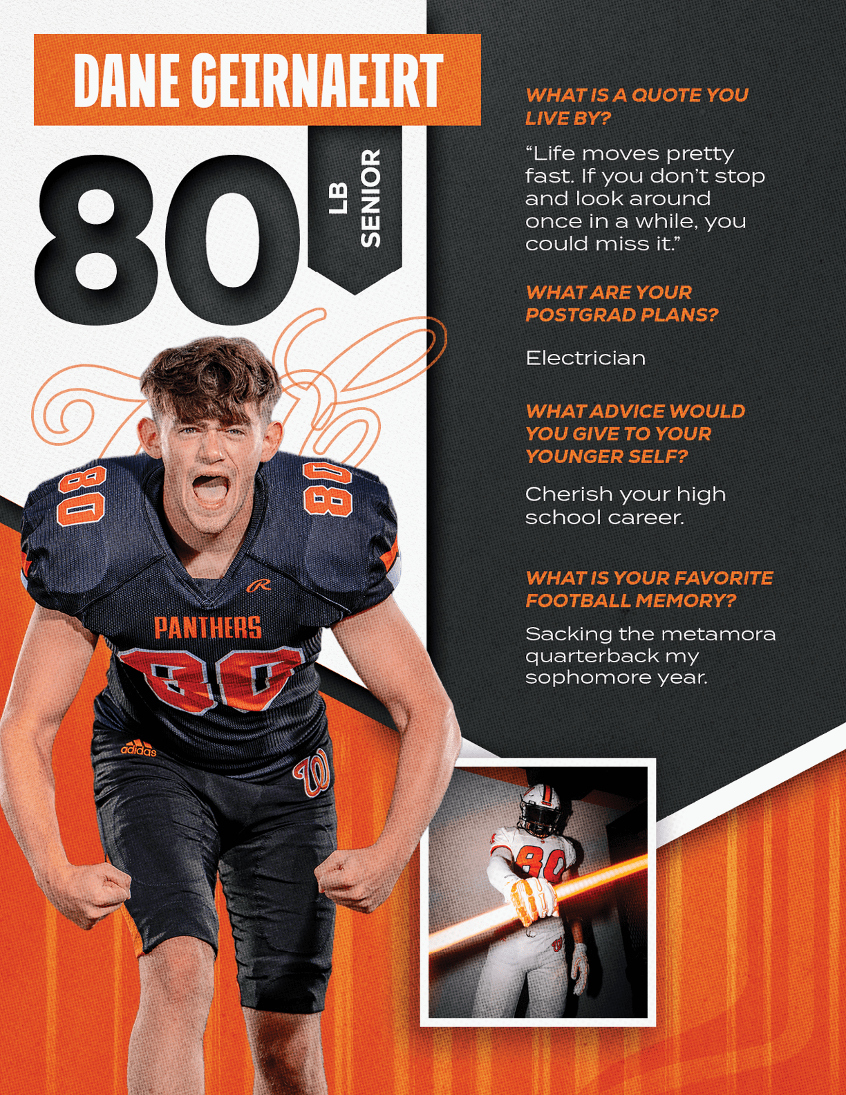 A person in a football uniform with the number 80 is flexing their arms and shouting, accompanied by text about their name, position, and inspirational quotes. Description generated by AI