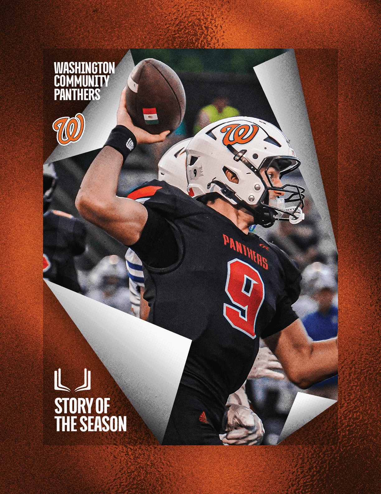 A person wearing a black football uniform with the number 9 and a white helmet is preparing to throw a football with a background featuring the text Washington Community Panthers and Story of the Season. Description generated by AI