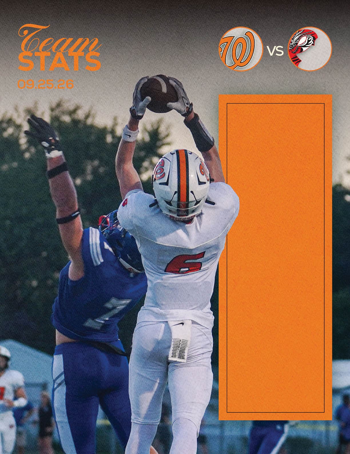 Two athletes in football uniforms are competing to catch a football during a game between teams represented by logos with a “W" and a bird, with an orange graphic area on the right side for stats. Description generated by AI