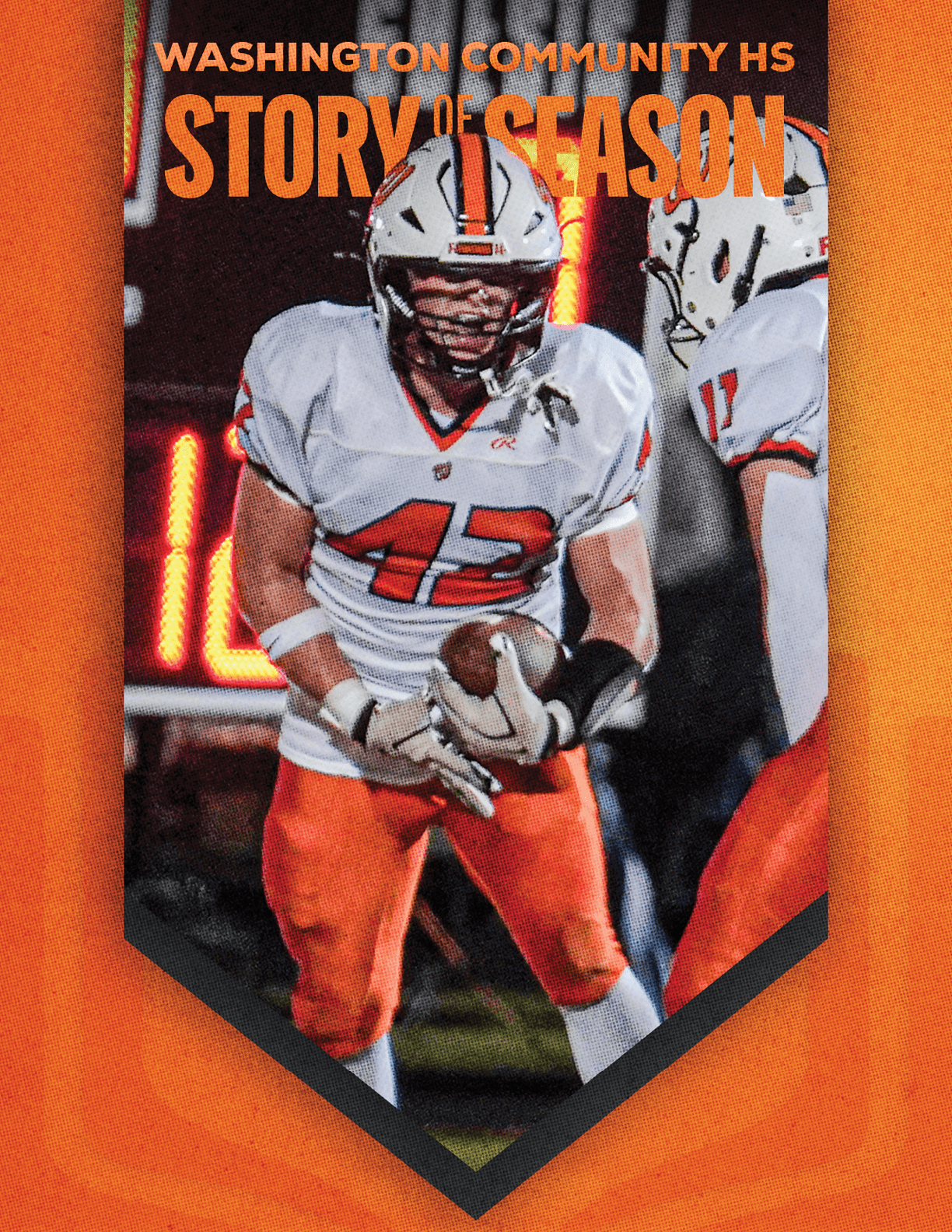 Three football players in action on a field with two players in black and orange uniforms tackling a player in a white and blue uniform, with text above reading Washington Community HS Story of Season. Description generated by AI