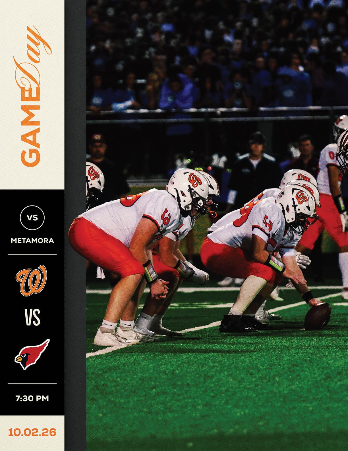 Two people in white football uniforms are on a field with one kicking a ball held by the other, with a graphic on the left side showing a game day announcement for a match between teams represented by a “W" and an eagle logo. Description generated by AI