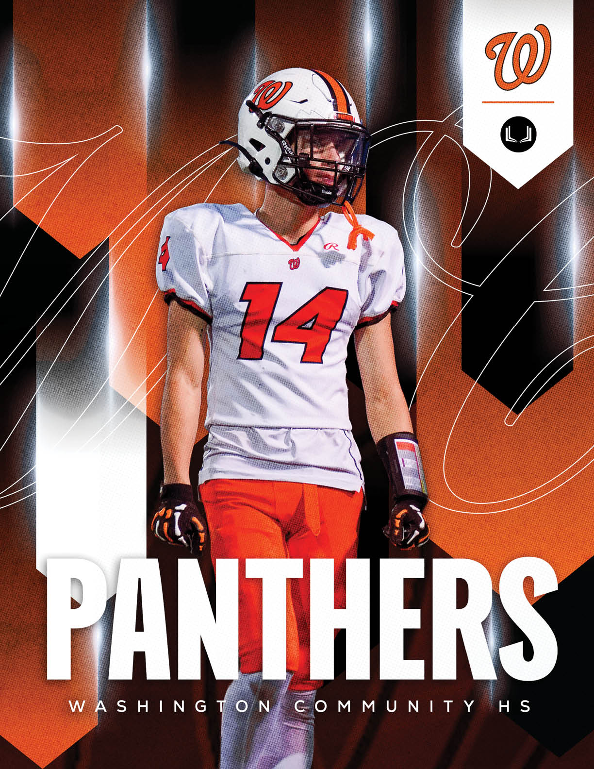 A person wearing a black football uniform with the number 9 and a white helmet is preparing to throw a football with a background featuring the text Washington Community Panthers and Story of the Season. Description generated by AI