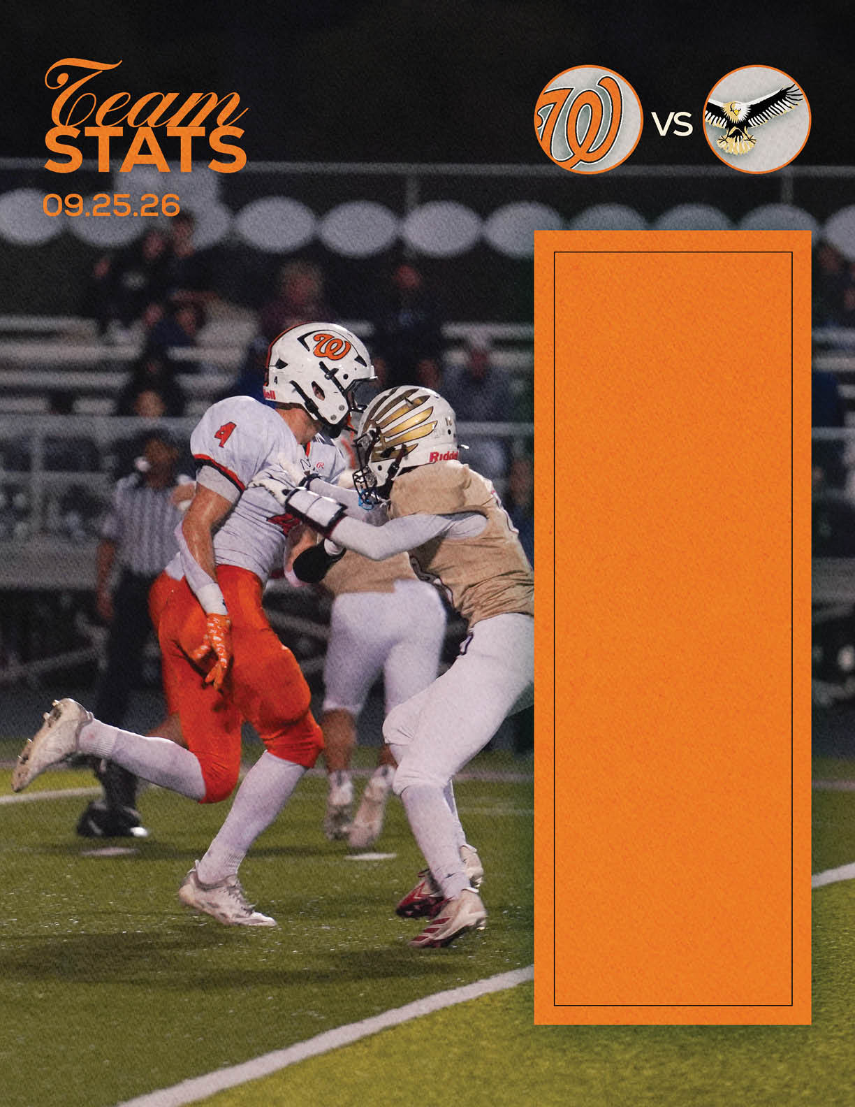 Two athletes in football uniforms are competing to catch a football during a game between teams represented by logos with a “W" and a bird, with an orange graphic area on the right side for stats. Description generated by AI