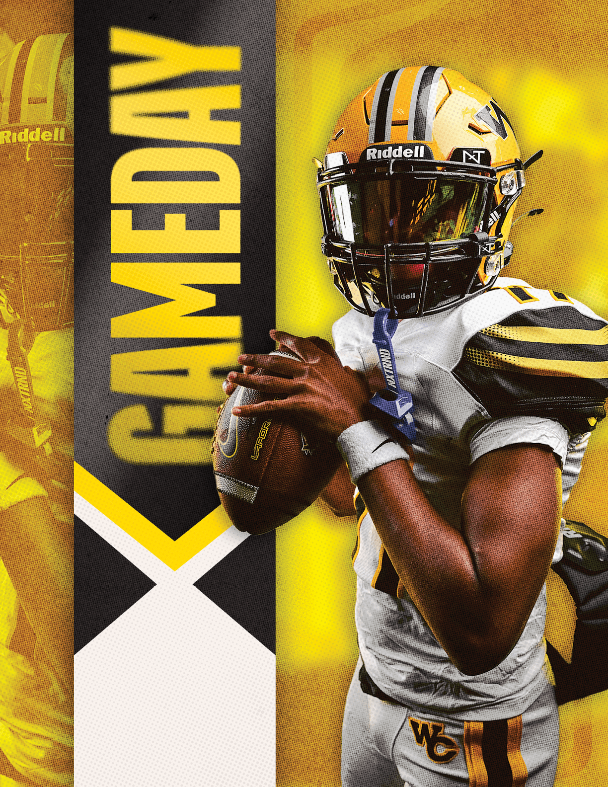 A person in a football uniform and helmet is holding a football in a ready-to-throw position next to a vertical banner that says “GAMEDAY" in bold yellow letters. Descripci n generada con IA