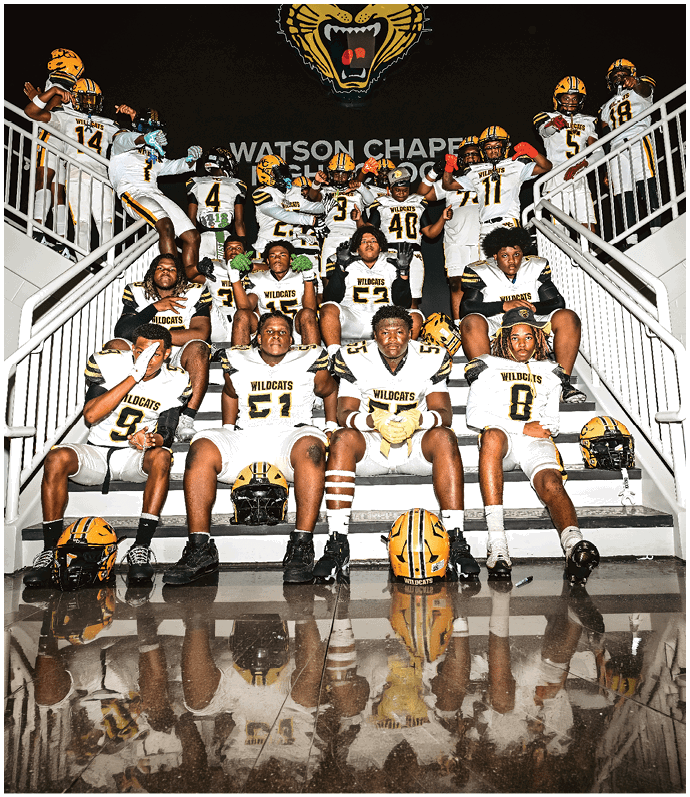 A group of people wearing football uniforms with “Wildcats" on the jerseys are posed on a staircase with helmets placed on the floor in front of them and a wildcat logo displayed above. Descripci n generada con IA