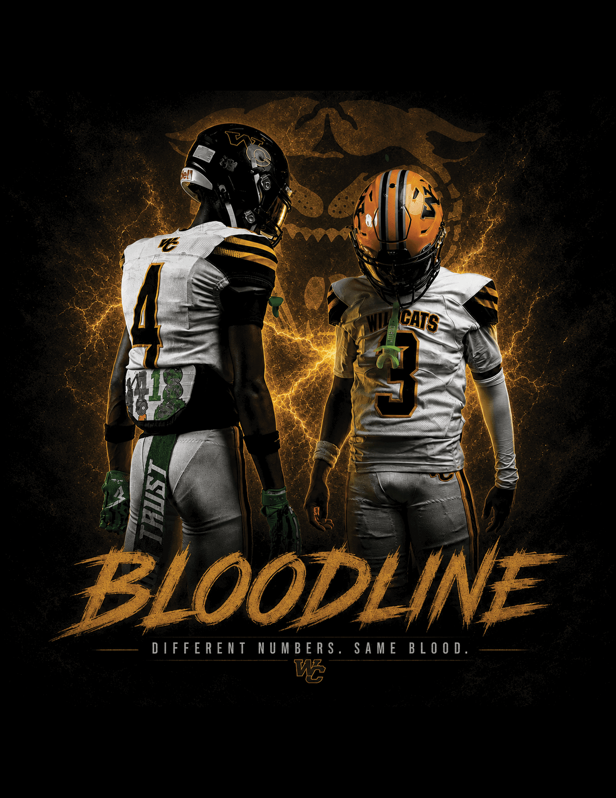 Two people in football uniforms with helmets stand back to back against a dark background with a stylized wildcat logo and the word “BLOODLINE" in bold letters below them. Descripci n generada con IA