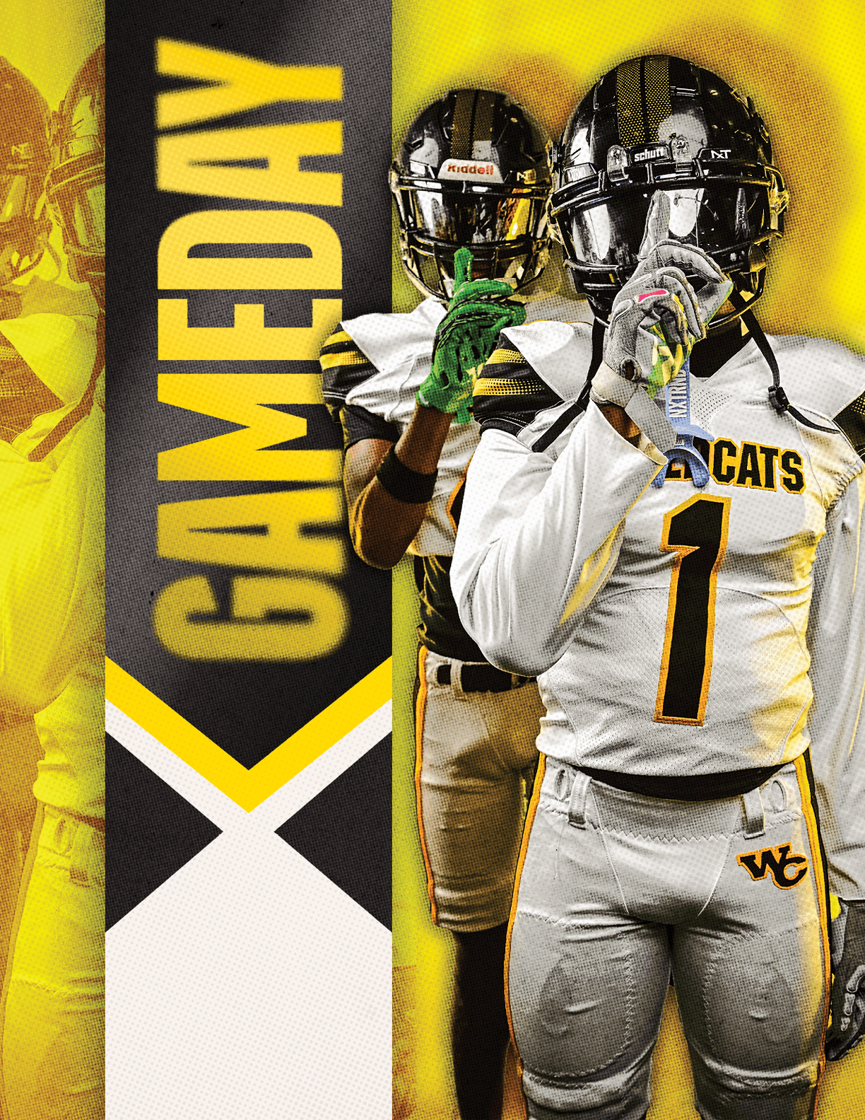 A person in a football uniform and helmet is holding a football in a ready-to-throw position next to a vertical banner that says “GAMEDAY" in bold yellow letters. Descripci n generada con IA