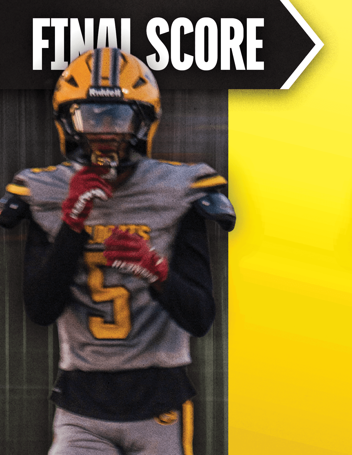 A person wearing a yellow and black football helmet and gray jersey with the number five stands in front of a yellow background with the words final score at the top. Descripci n generada con IA