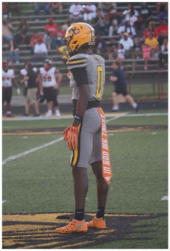 A person in a yellow helmet and gray football uniform stands on a football field with a crowd in the background. Descripci n generada con IA