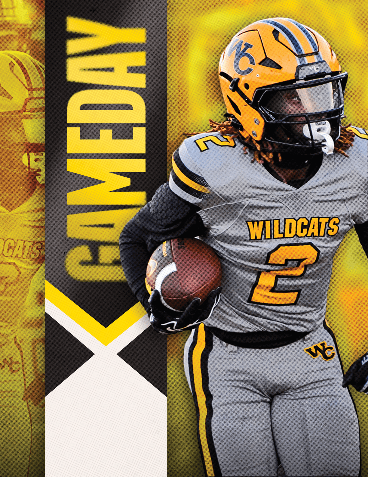 A person in a Wildcats football uniform with the number 2 is holding a football and running, with the word GAMEDAY displayed vertically in bold yellow letters on a black and yellow background. Descripci n generada con IA