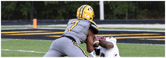 Two people in football uniforms are engaged in a tackle on a grassy field near the end zone. Descripci n generada con IA