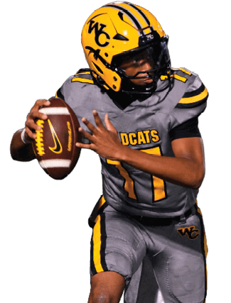 A person wearing a yellow and gray football uniform with a helmet is holding a football and appears to be preparing to throw it on a field. Descripci n generada con IA