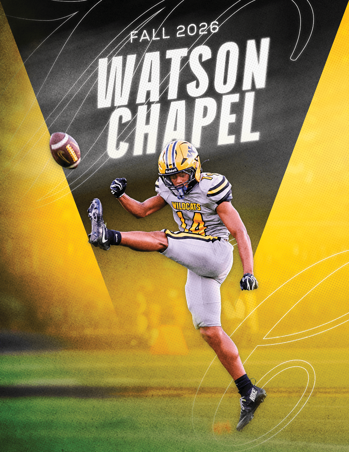 A person wearing a black football uniform with the number three is running on a field holding a football with a blurred background of other players and text that reads Fall 2026 Westerville Central. Descripci n generada con IA