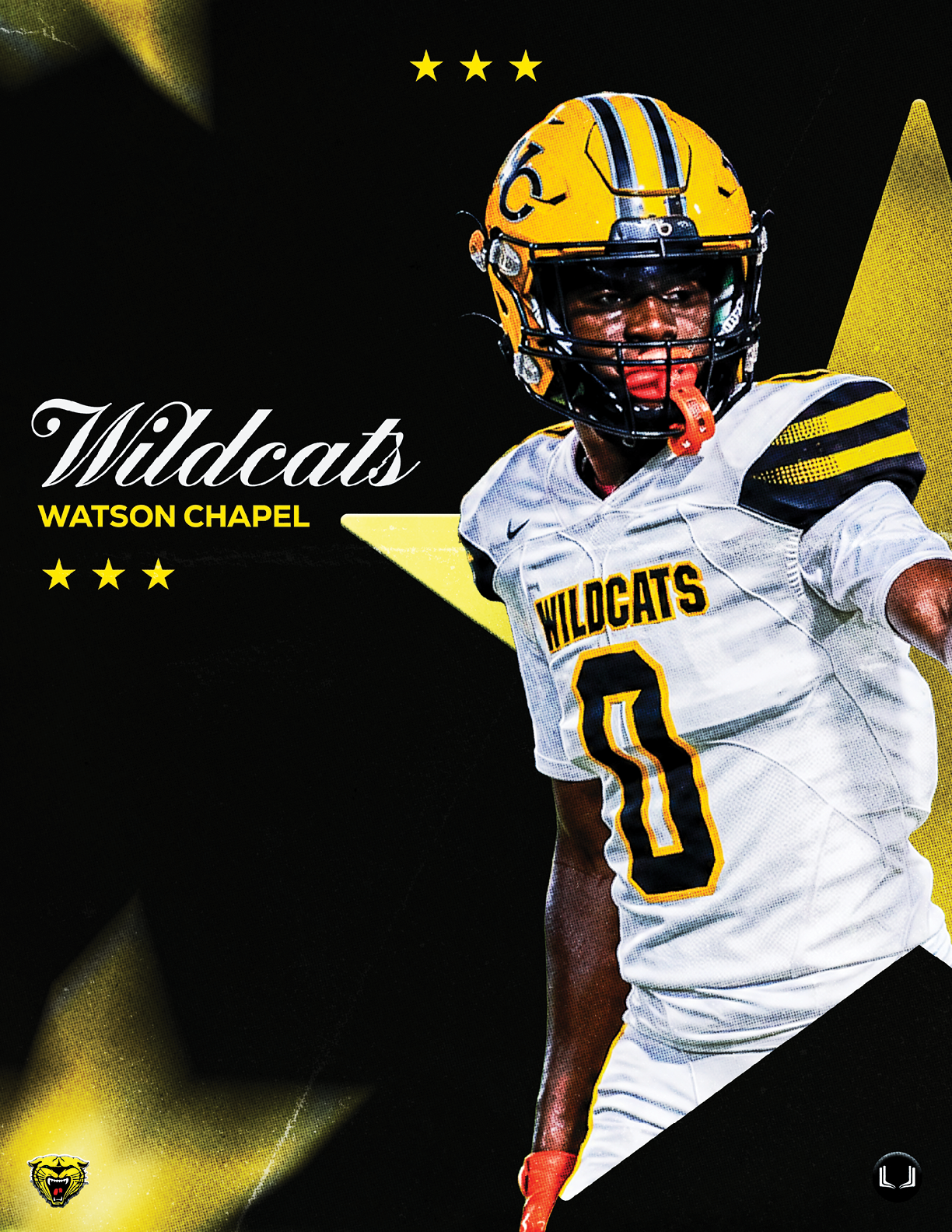 A person wearing a yellow helmet and white football uniform with the word Wildcats and number 0 is posed against a black background with yellow stars and the text Wildcats Watson Chapel. Descripci n generada con IA