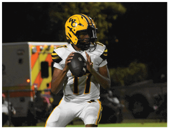 A person wearing a yellow football helmet with black stripes and the letters WC is visible against a dark, blurred background. Descripci n generada con IA
