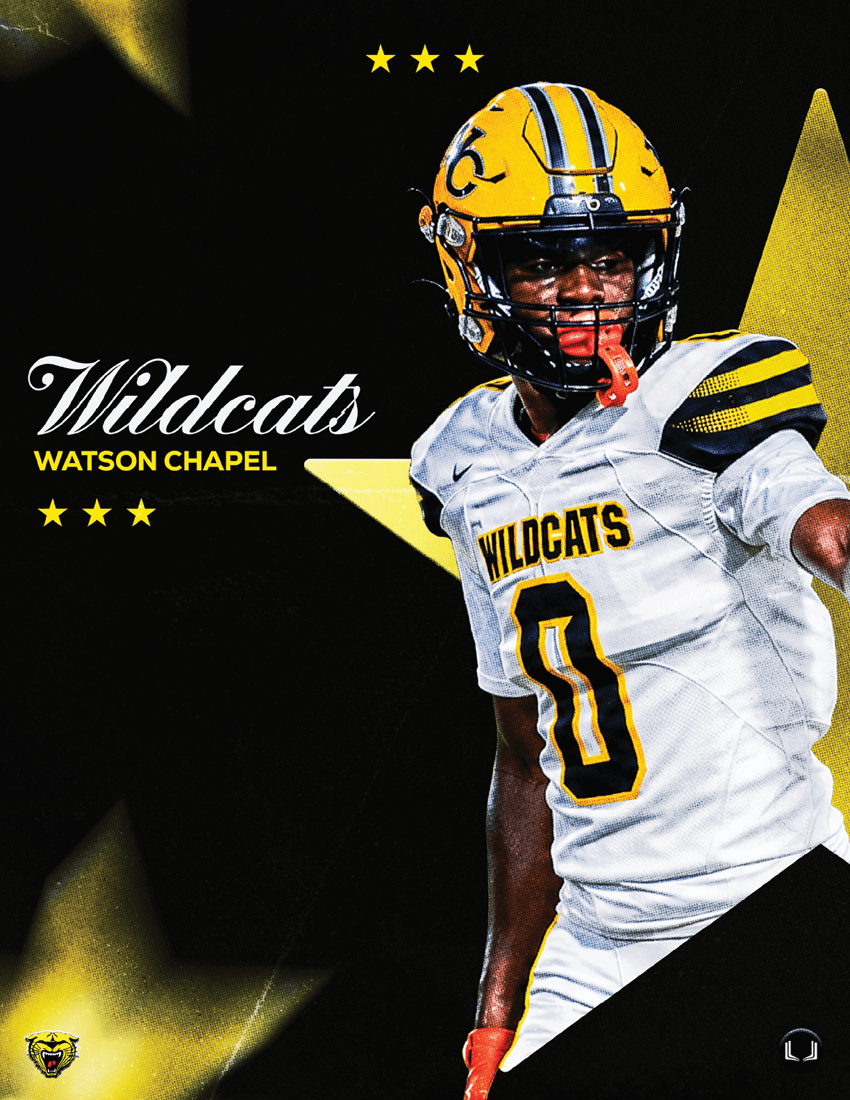 A person wearing a yellow helmet and white football uniform with the word Wildcats and number 0 is posed against a black background with yellow stars and the text Wildcats Watson Chapel. Descripci n generada con IA