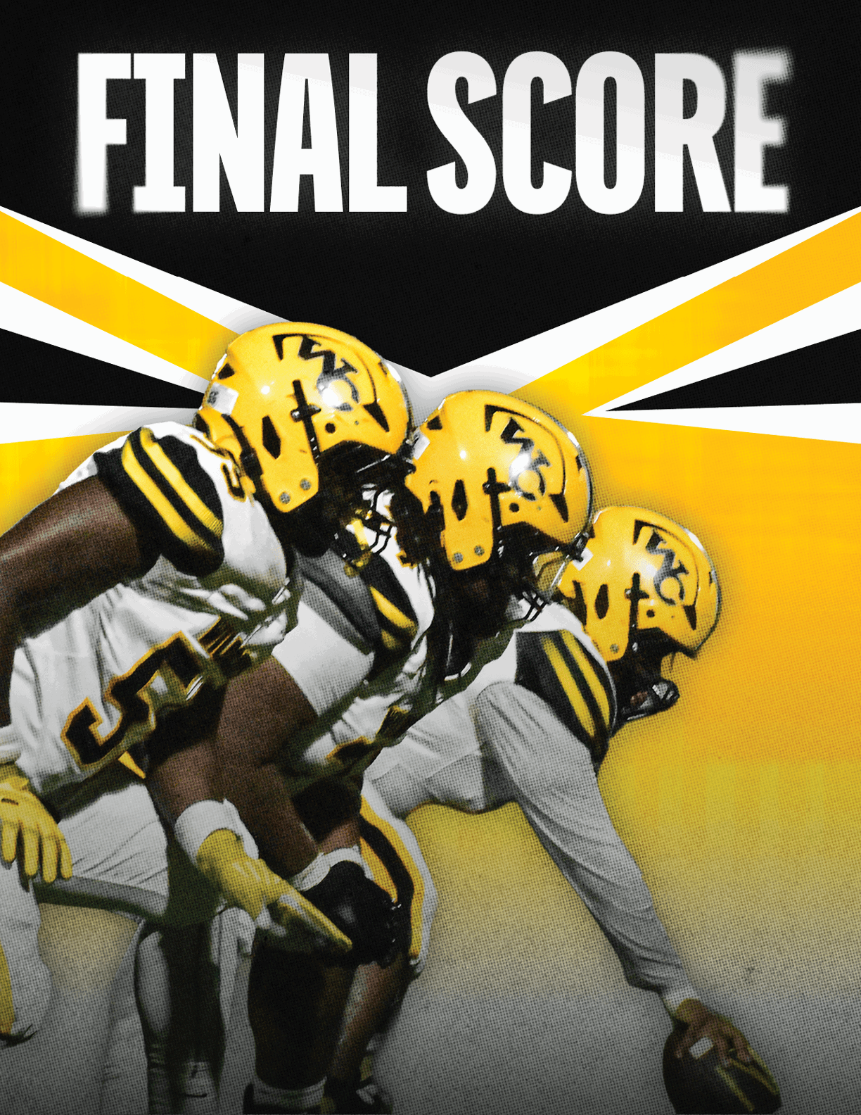 Three people in yellow helmets and white football uniforms are lined up in a ready stance with the text FINAL SCORE above them. Descripci n generada con IA