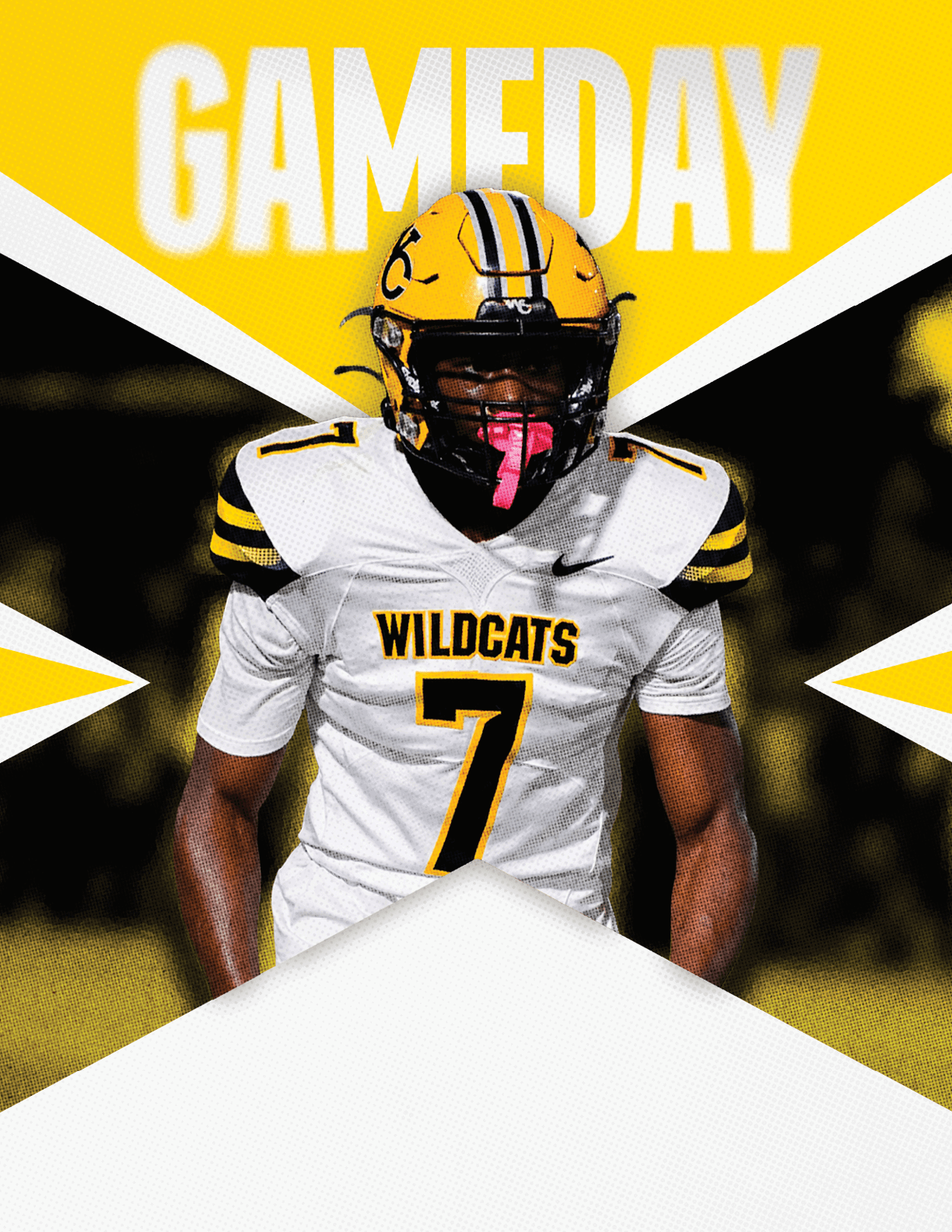 A person wearing a Wildcats football uniform with the number 7 and a yellow helmet stands in front of a yellow and white background with the word GAMEDAY at the top. Descripci n generada con IA