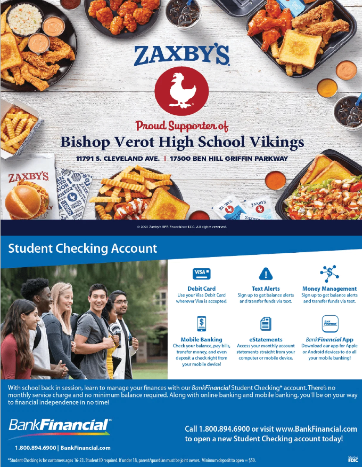 A flyer advertises Zaxby's and a student checking account. AI generated content