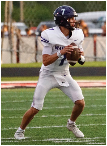 A football player wearing a blue and white uniform. Description generated by AI