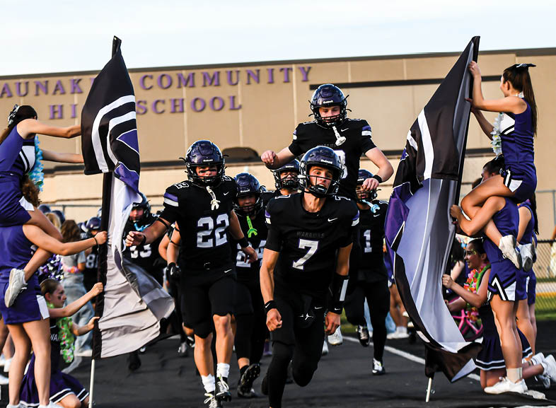 Four people wearing black football uniforms with “VISTA" on the front are standing together in a stadium with a crowd in the background, two of them holding helmets raised above their heads. Description generated by AI
