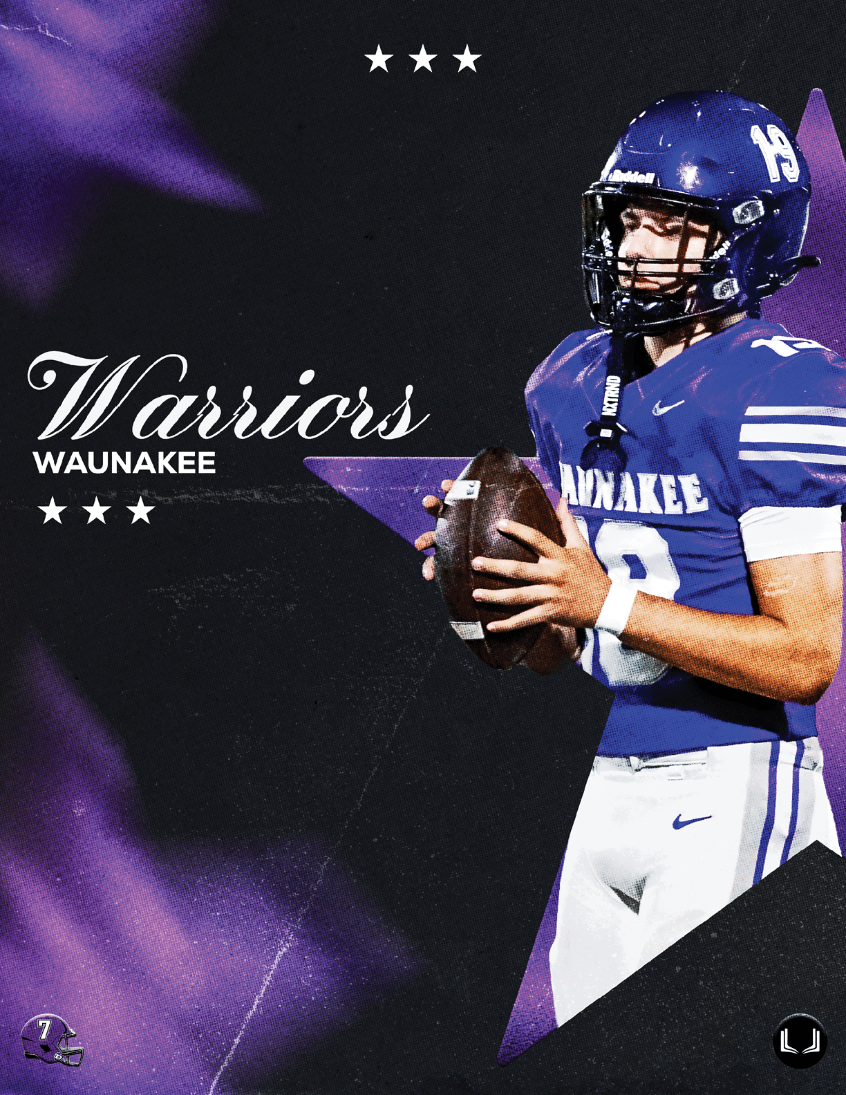 A football player wearing a blue and white uniform. Description generated by AI