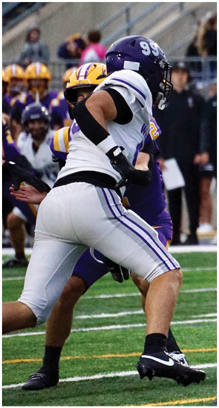 A football player running on the field. Description generated by AI