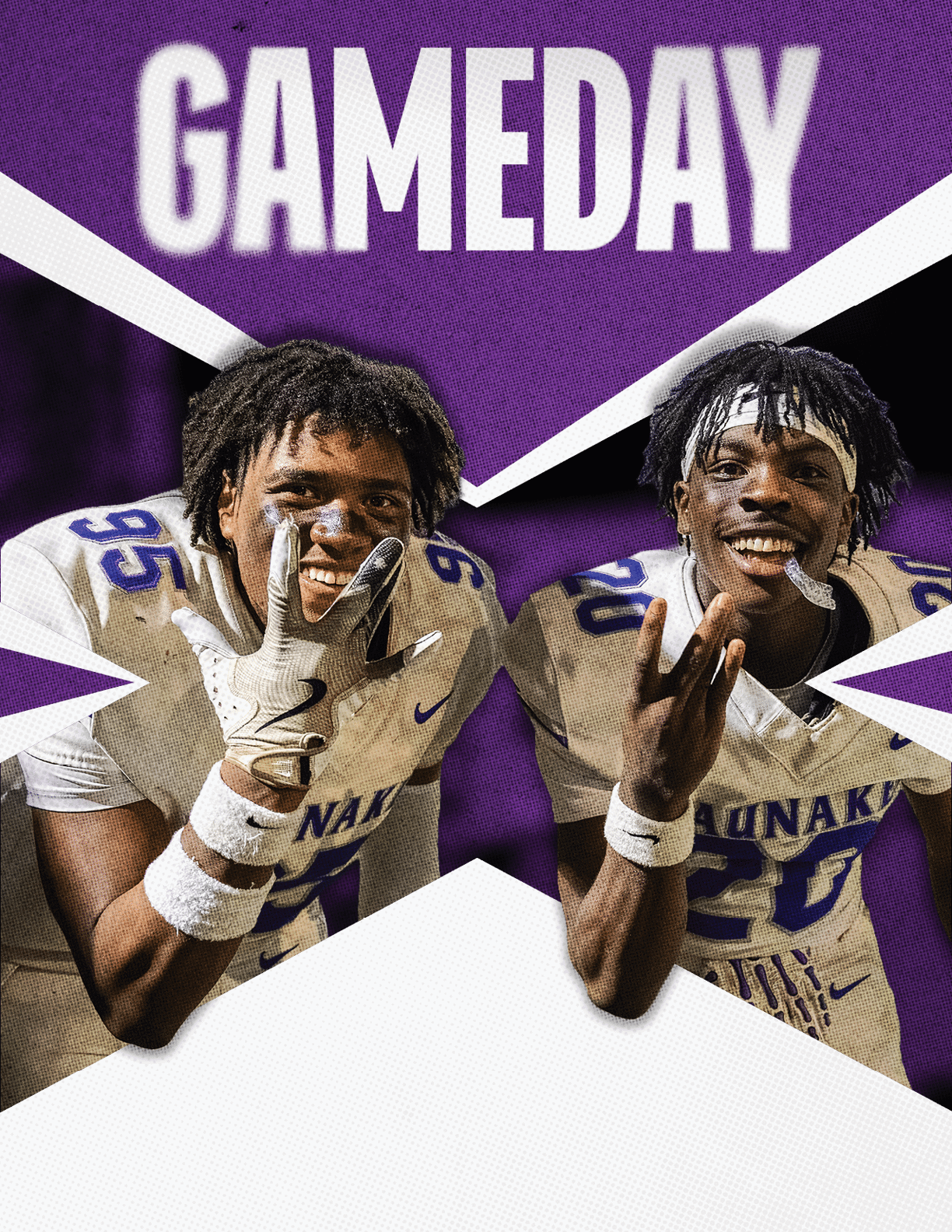 Two football players celebrating a touchdown. Description generated by AI