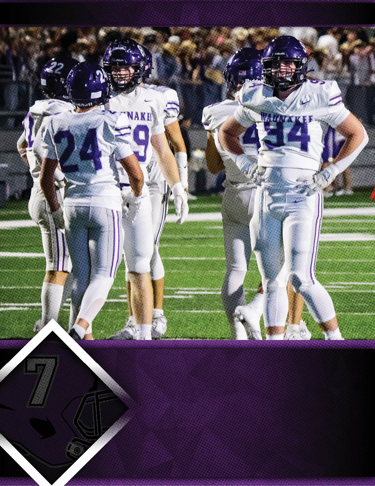 A group of football players wearing red and blue uniforms. Description generated by AI