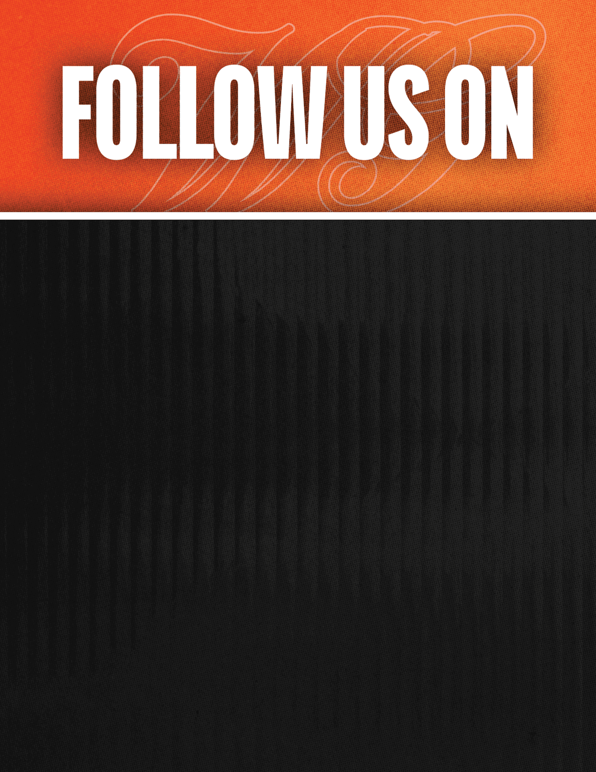 A black and red sign that says Follow Us On. Description generated by AI