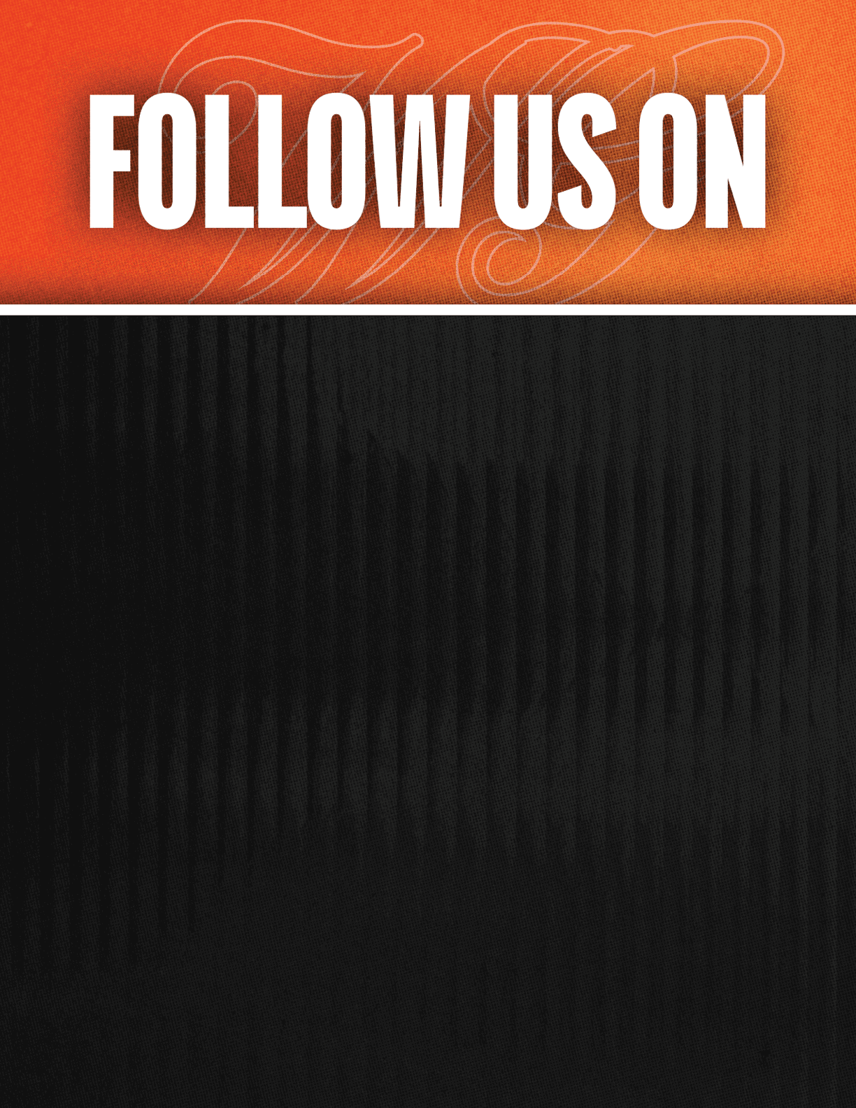 A black and red sign that says Follow Us On. Description generated by AI